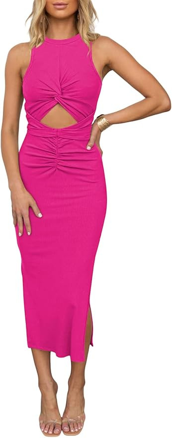 Duigluw Women's Summer Knit Sleeveless Crosscriss Cutout Ruched Bodycon Midi Dress with Slit | Amazon (US)