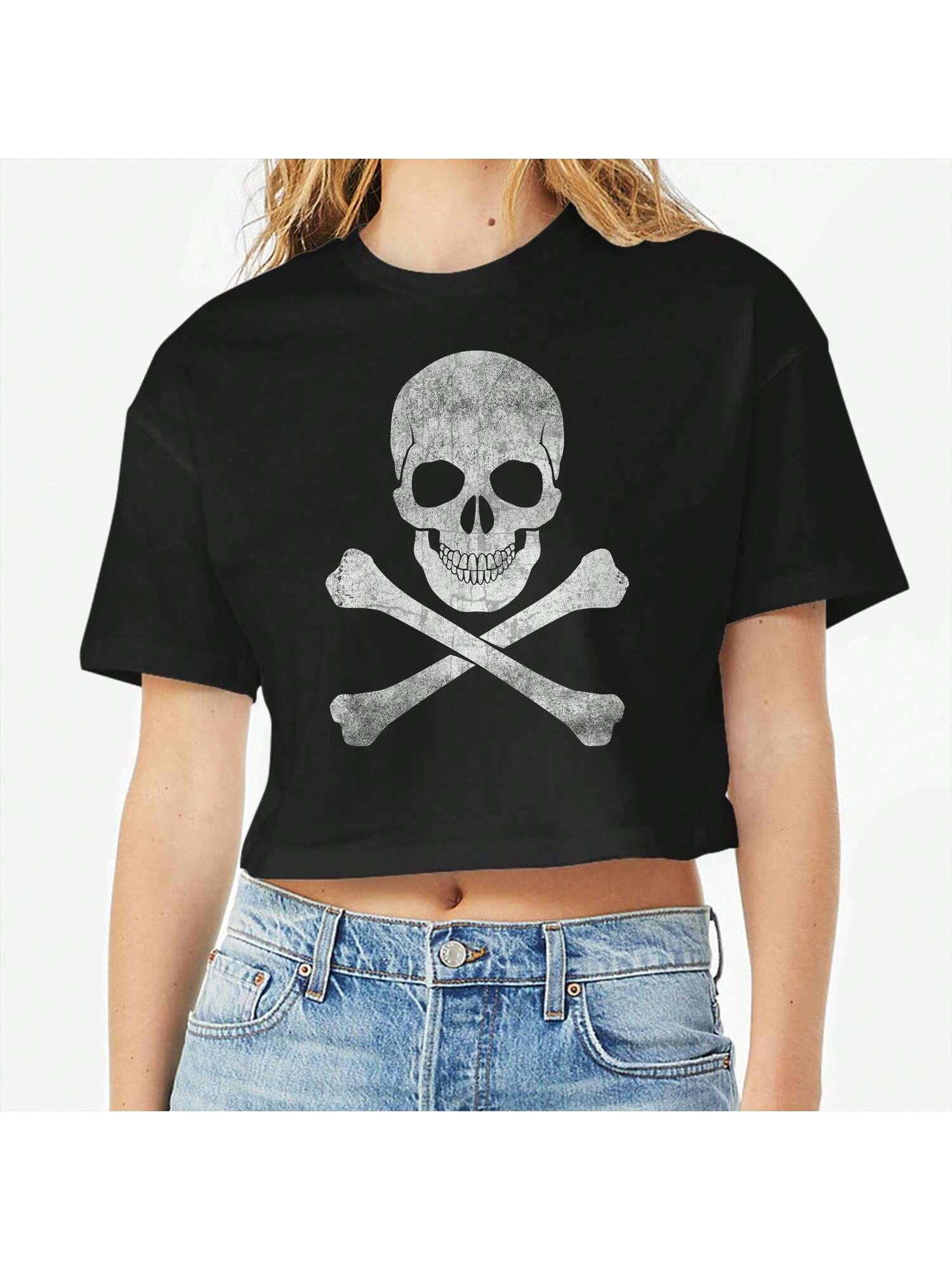 Nearly There Skull And Bones Graphic Ladies Cotton Crop Top T-Shirt | SHEIN