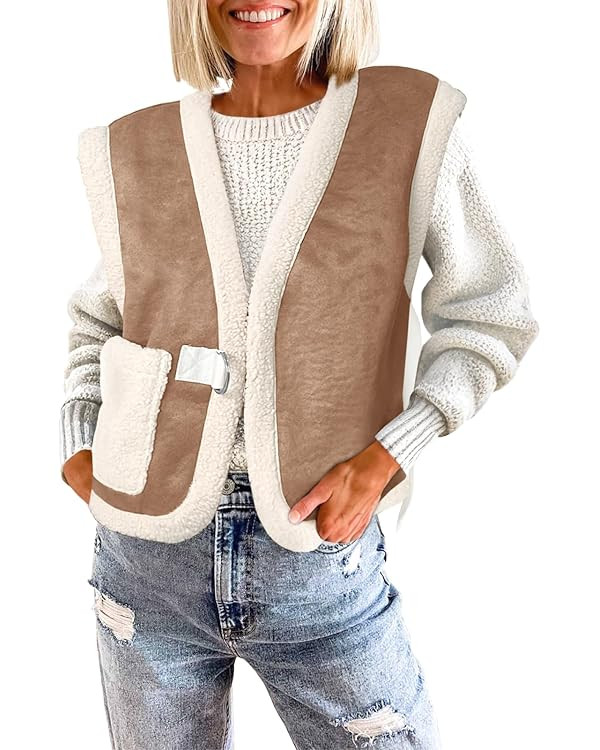 Tankaneo Womens Suede Sherpa Vest Cropped Faux Fur Shearling Jacket Sleeveless Lightweight Warm W... | Amazon (US)