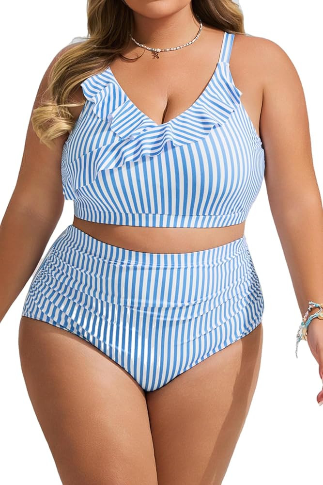 Hanna Nikole Womens High Waisted Bikini Plus Size Swimsuits Two Piece Bathing Suits Tummy Control... | Amazon (US)