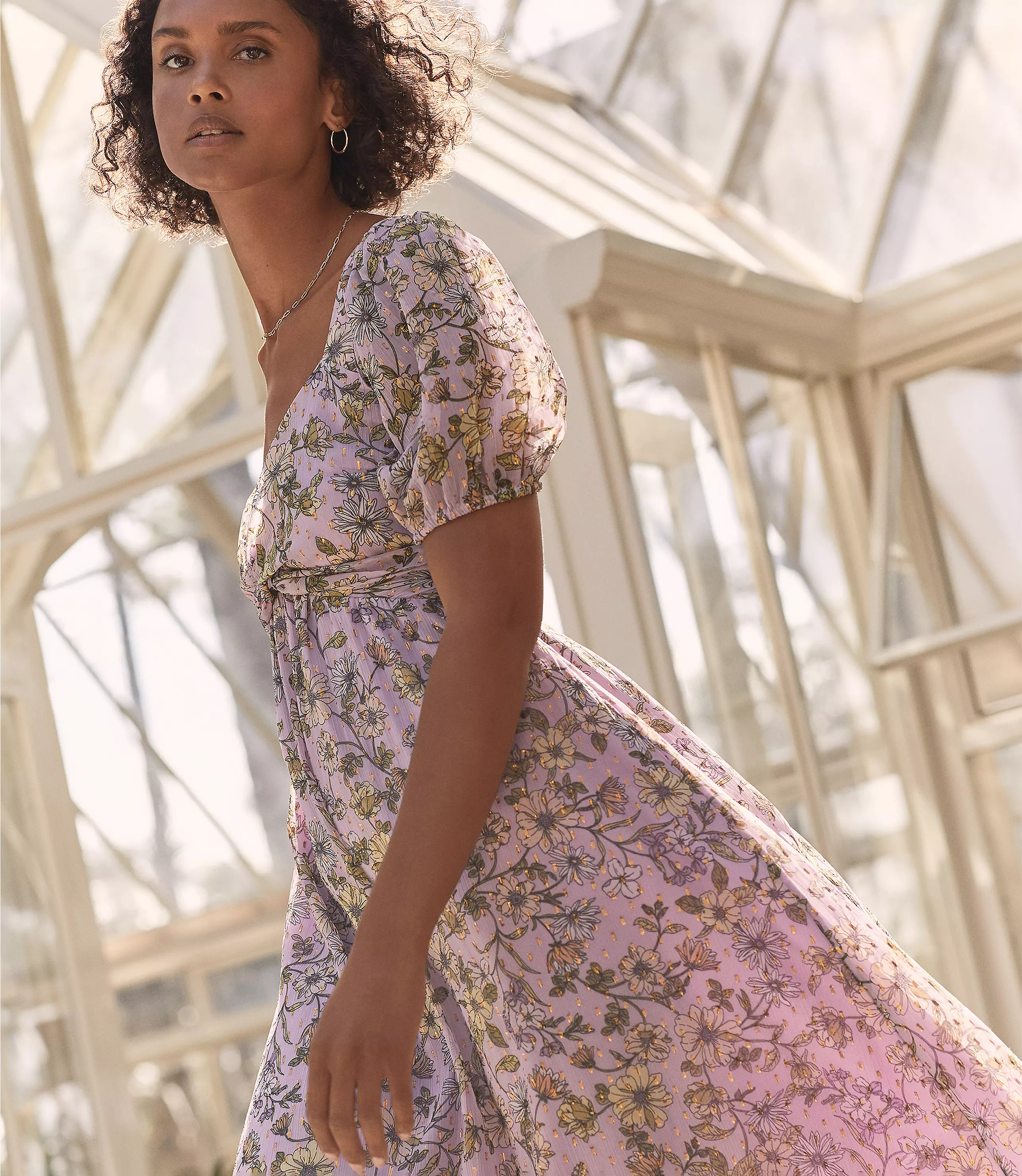 Floral Clip Knotted Balloon Sleeve Midi Dress | LOFT