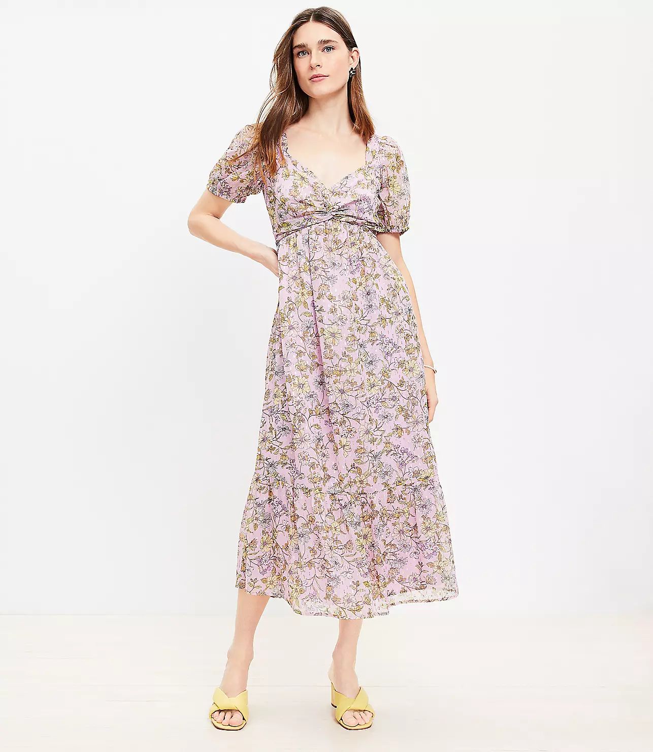 Floral Clip Knotted Balloon Sleeve Midi Dress | LOFT