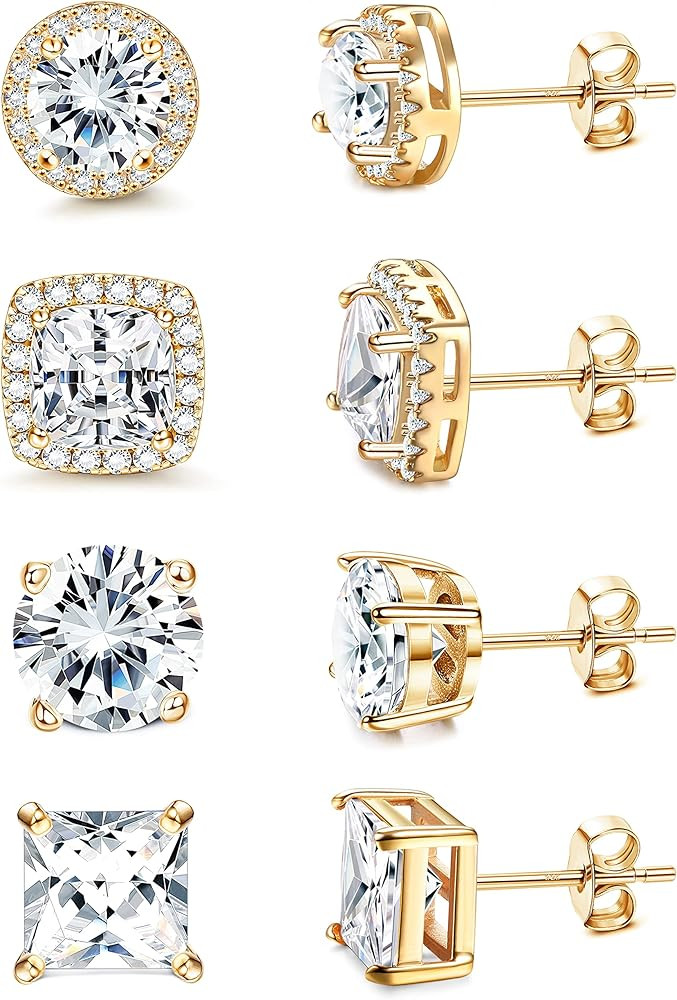 MILACOLATO Cubic Zirconia Stud Earrings | 18K White Gold Hypoallergenic Sterling Silver Post Earr... | Amazon (US)