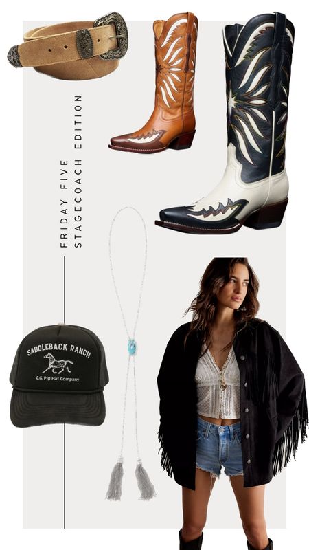 Friday Five: Stagecoach Edition
1. Gigi Pip Saddleback Ranch Trucker Hat - Code: Kristin15 
2. Kendra Scott x Wrangler Bolo Necklace 
3. Free People Fringe Jacket 
4. Tecovas Annie Boots
5. Western Suede Belt 


#LTKstyletip #LTKshoecrush #LTKFestival