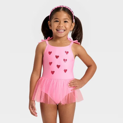 Toddler Girls' Sequin Heart Tutu One Piece Swimsuit - Cat & Jack™ Pink 3T | Target