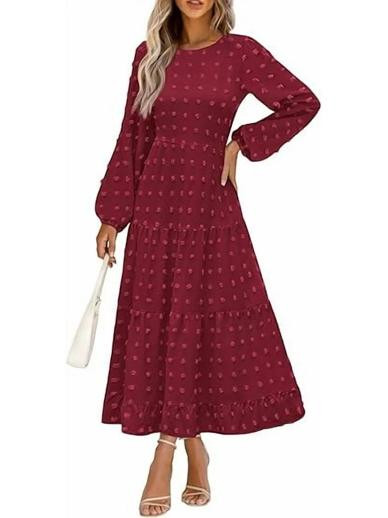 PRETTYGARDEN Women's Fall Spring Elegant Long Sleeve Maxi Dress Swiss Dot A Line Flowy Casual Hol... | Walmart (US)