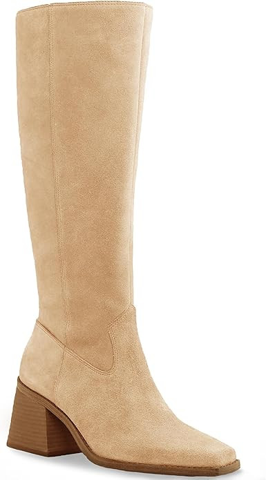 Coutgo Women's Knee High Boots Wide Calf Square Toe Chunky Heeled Pull-on Boot | Amazon (US)