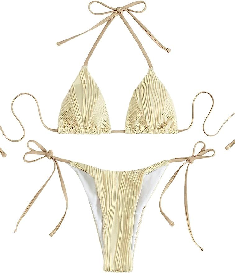 SweatyRocks Women's 2 Piece Halter Top Swimsuit Ribbed Triangle Bikini Bathing Suit | Amazon (US)