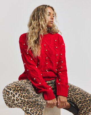 Red Pearl Cable Knit Jumper | Simply Be (UK)