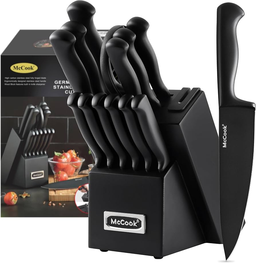 McCook Knife Set Black Kitchen Knife Block Set w Built-in Sharpener | Amazon (US)