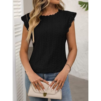 Women's Lace Panel Short Sleeve Tee - Solid Color Crewneck Cropped Top with Sheer Insert, Casual Breathable Everyday Shirt Black M | Target