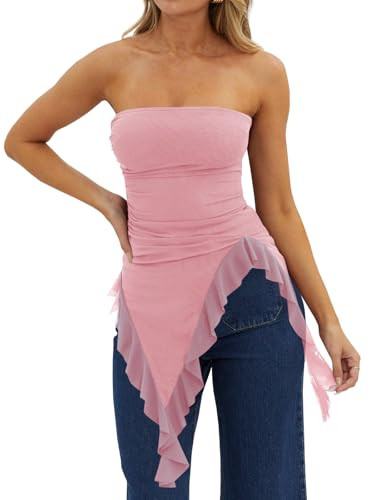 Womens Strapless Tube Tops Summer Asymmetrical Long Ruched Mesh Shirts Cute Y2k Ruffle Hem Going ... | Amazon (US)