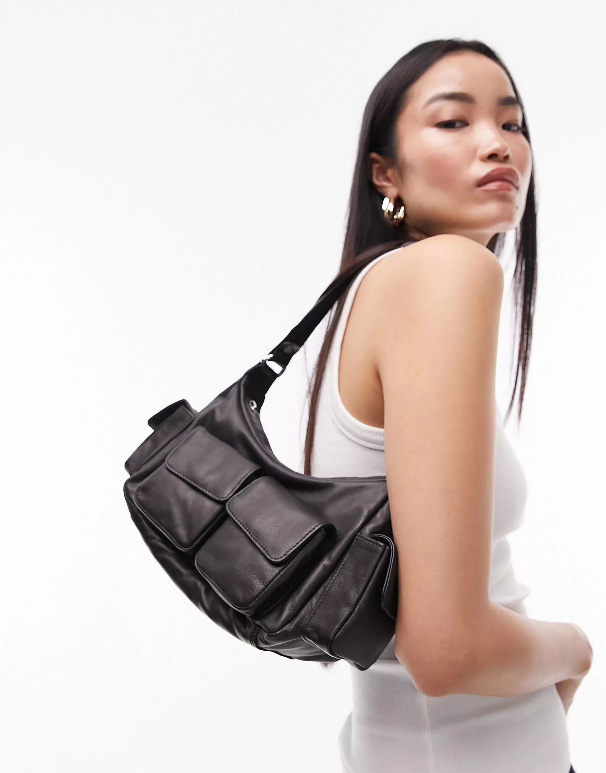 Topshop - Lucia - Sac porté épaule en cuir avec poches - Noir | ASOS (Global)