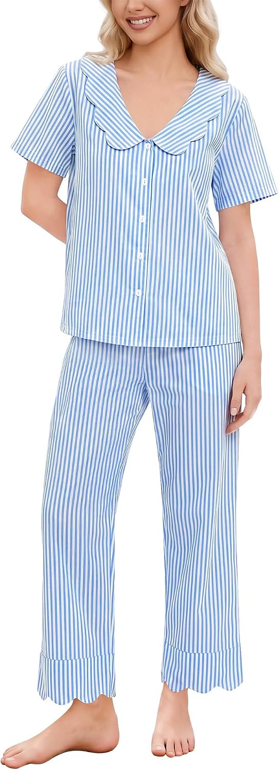 SWOMOG 100% Cotton Women Pajamas Set 2 Piece Short Sleeve Sleepwear Gingham Button Down Lounge Set Soft Ruffle Pjs | Amazon (US)