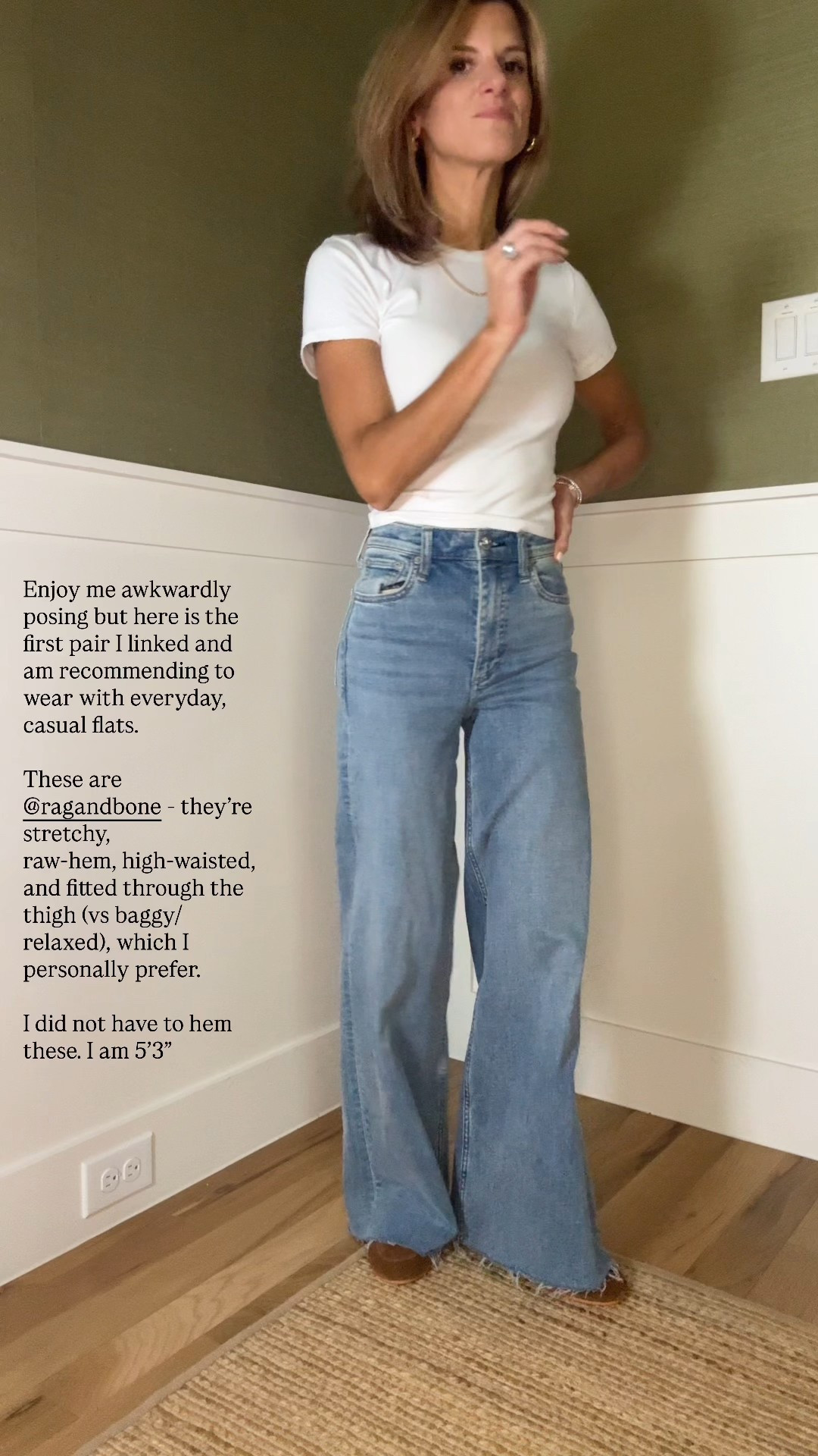 My favorite wide leg jeans (slimmer through the thigh and then wide at the bottom) - perfect to pair with flats. 