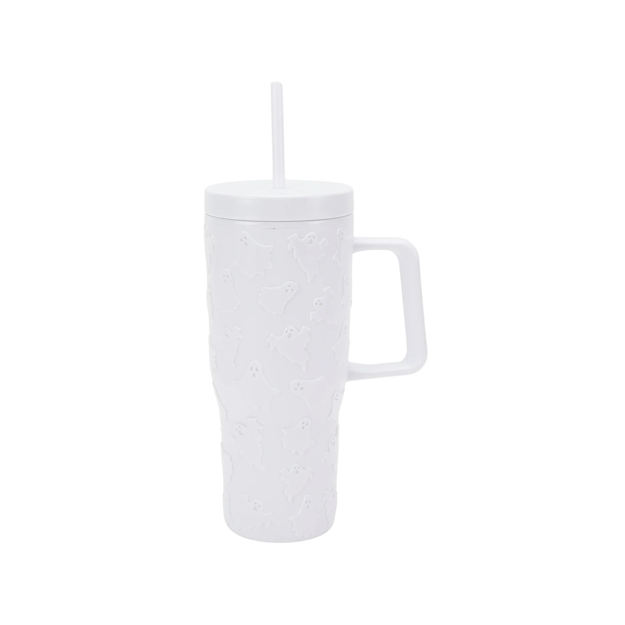 Way To Celebrate 30 Ounce Acrylic Double Wall Embossed Ghost Tumbler with Straw and Handle, White | Walmart (US)