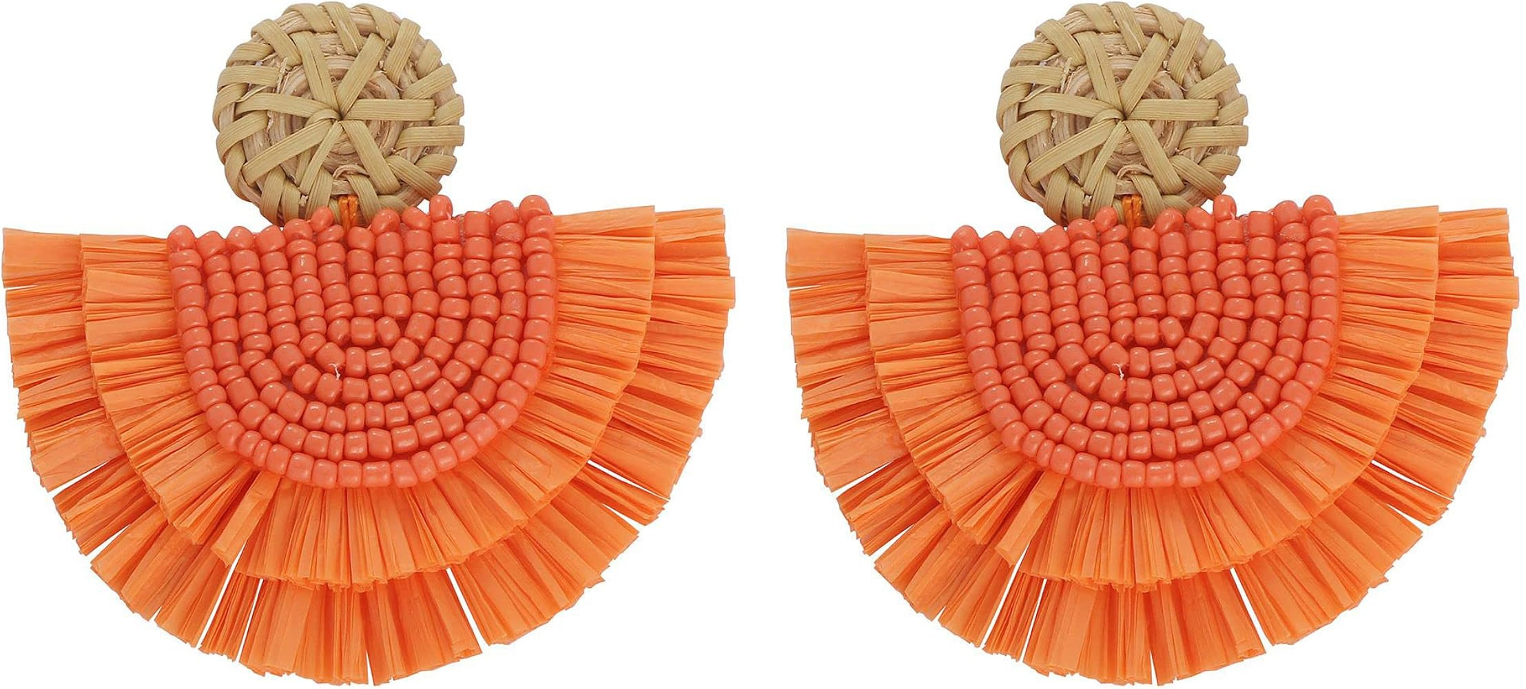 COIRIS Bohemia Beaded Fringe Statement Earrings with Long Dangling Tassel Raffia Earrings for Wom... | Amazon (US)