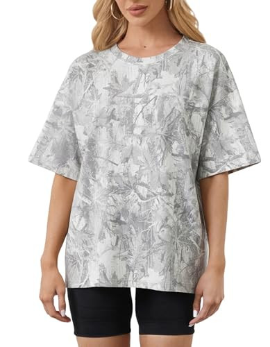 MSBESYOR Camo Shirt for Women Maple Leaf Print Short Sleeve Crewneck T-Shirts Summer Oversized Tee Shirts Streetwear | Amazon (US)