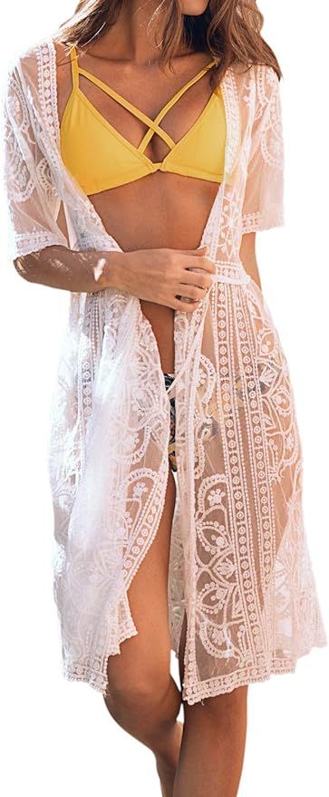 CUPSHE Women's Lace Cardigan Floral Crochet Sheer Bathing Suit Cover Up White | Amazon (US)