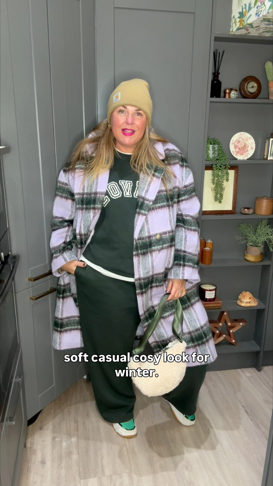 Check coat, green wide leg joggers, green sweatshirt, white tshirt, trainers, Borg bag, beanie 

#LTKwinter #LTKcurves #LTKplussize