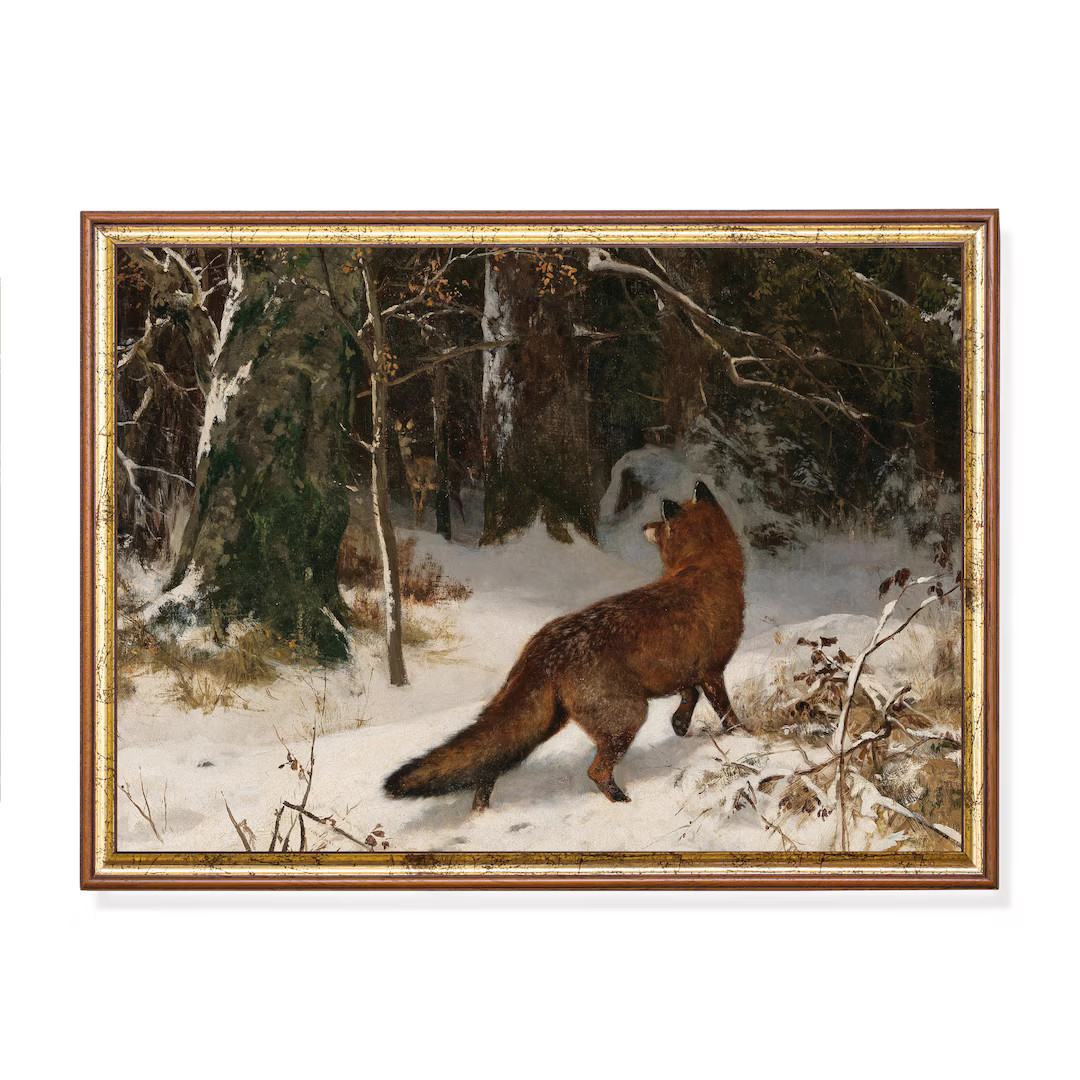 Fox in Snow Print: Vintage Winter Landscape, Rustic Holiday Decor - Etsy | Etsy (US)