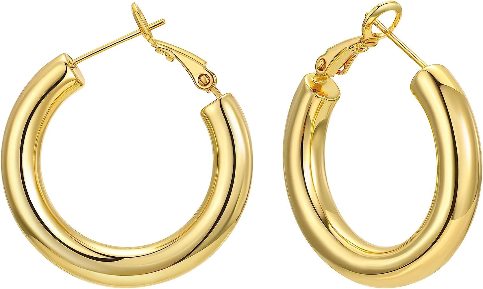 sovesi Chunky Gold Hoop Earrings for Women with 925 Sterling Silver Post, 14K Gold Plated Thick G... | Amazon (US)