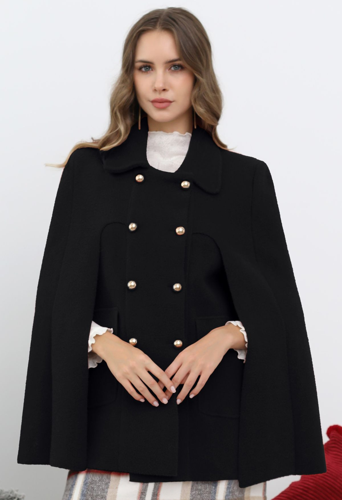Stately Double-Breasted Collar Knit Cape Coat in Black | Chicwish