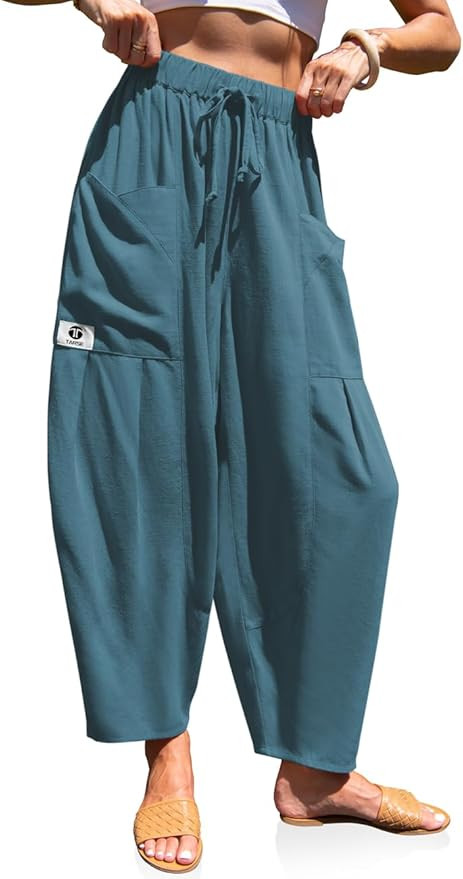TARSE Womens Linen Harem Pants Elastic Waist Drawstring Loose Fit Baggy Casual Pants with Pockets | Amazon (US)