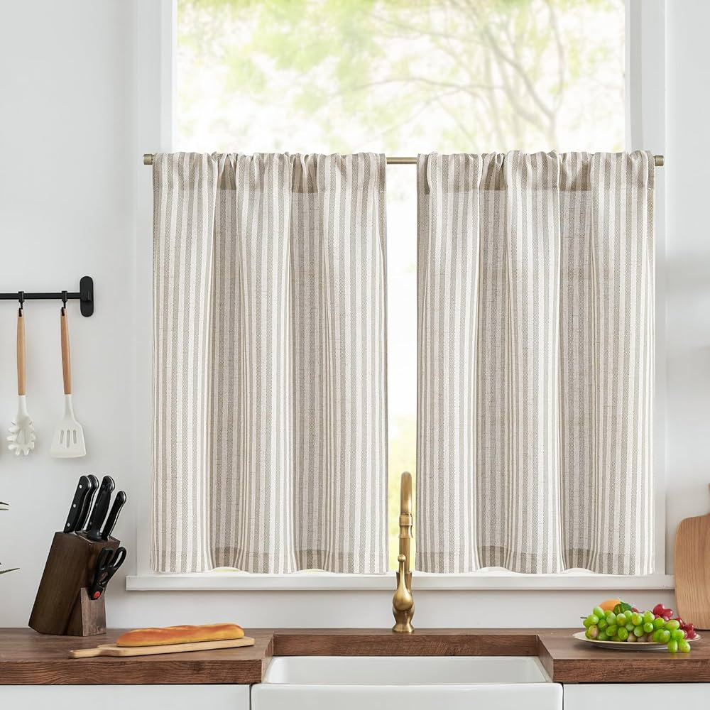 jinchan Striped Linen Kitchen Curtains 30 Inch Length Pinstripe Farmhouse Cafe Tier Curtains for ... | Amazon (US)