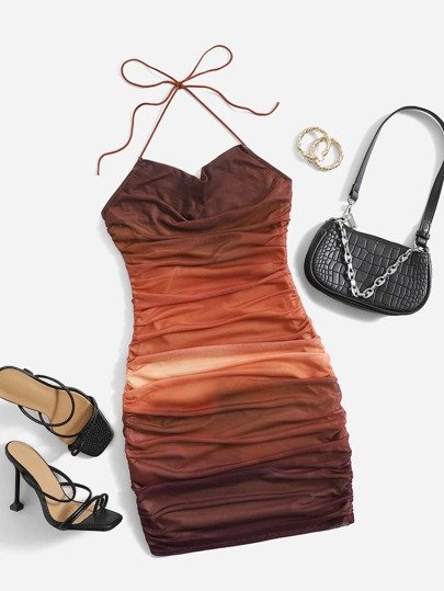 SHEIN Ombre Backless Tie Back Drape Neck Ruched Mesh Bodycon Dress | SHEIN