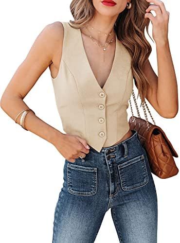 Sunborui Women's Business Button Up Sleeveless Vests Fully Lined V Neck Regular Fitted Jacket Wai... | Amazon (US)