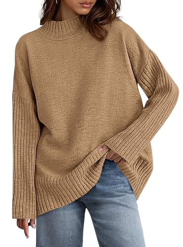 PRETTYGARDEN Casual Long Sleeve Oversized Sweaters for Women 2025 Loose Mock Neck Pullover Sweater Ribbed Knit Fall Clothes (Khaki,Medium) | Amazon (US)