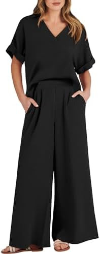 ANRABESS Conjunto feminino de 2 peças de verão casual de manga curta com decote em V e calças ... | Amazon (BR)