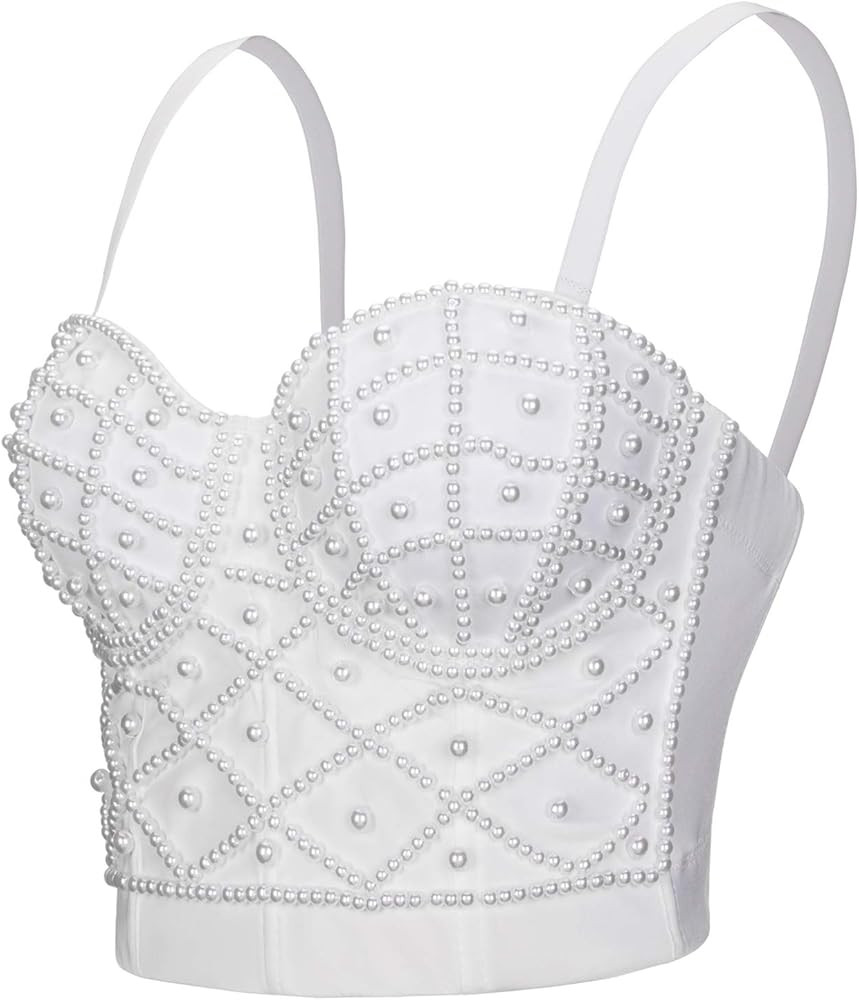 VEENDEO Women's Strap Beads Bustier Corset Crop Top Club Party Bra | Amazon (US)