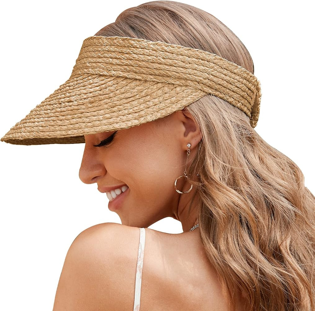 Straw Hats for Women, Visor Hats for Women Beach Hats for Women Sun Hat Womens Straw Hat Made of Nat | Amazon (US)