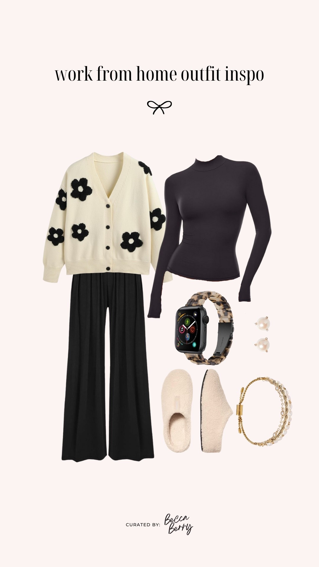 A polished and ultra-comfortable WFH set idea: ivory floral knit cardigan, mock-neck double-lined top, and ribbed wide-leg pants. This silhouette feels like loungewear, but the neckline and clean lines translate beautifully on Zoom.

Keep the palette neutral — ivory + black — and add classic pearl earrings and a resin Apple Watch band for a minimal, pulled-together feel. Finish with Bombas slippers for all-day wear.

#LTKootd #LTKWorkwear #LTKMidsize