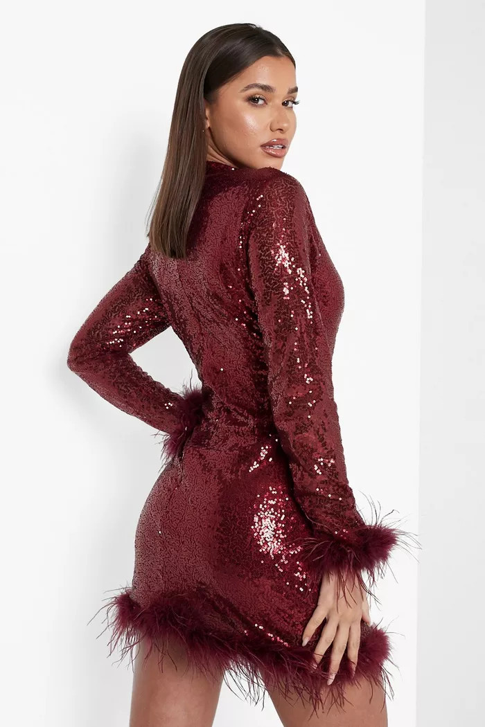 Sequin High Neck Feather Hem Mini Party Dress | boohoo (US & Canada)
