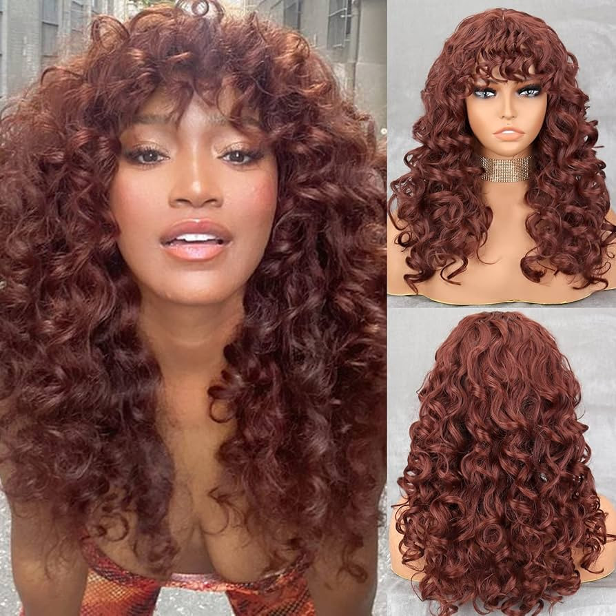 Xinran Long Ginger Afro Wigs for Black Women, Fluffy Curly Wavy Auburn Wig with Bangs, Afro Kinky... | Amazon (US)