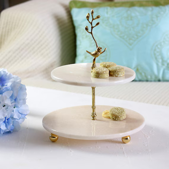 Two Tier Round White Marble Presentation Plate With Bird - Etsy | Etsy (US)