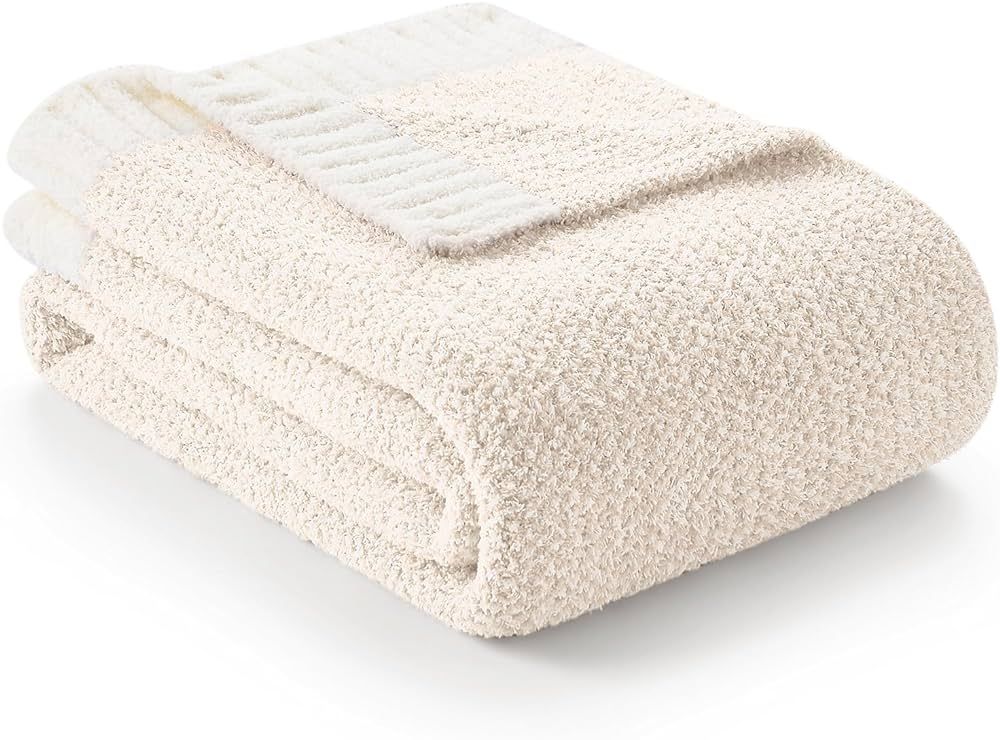 Snuggle Sac Buttery Ivory Throw Blanket for Couch, Reversible Super Soft Knitted Blankets, Warm Cozy Knit Fuzzy Plush Lightweight Throws for Sofa, Bed, Camping, Picnic, Ivory, 50 x 60 inches | Amazon (US)