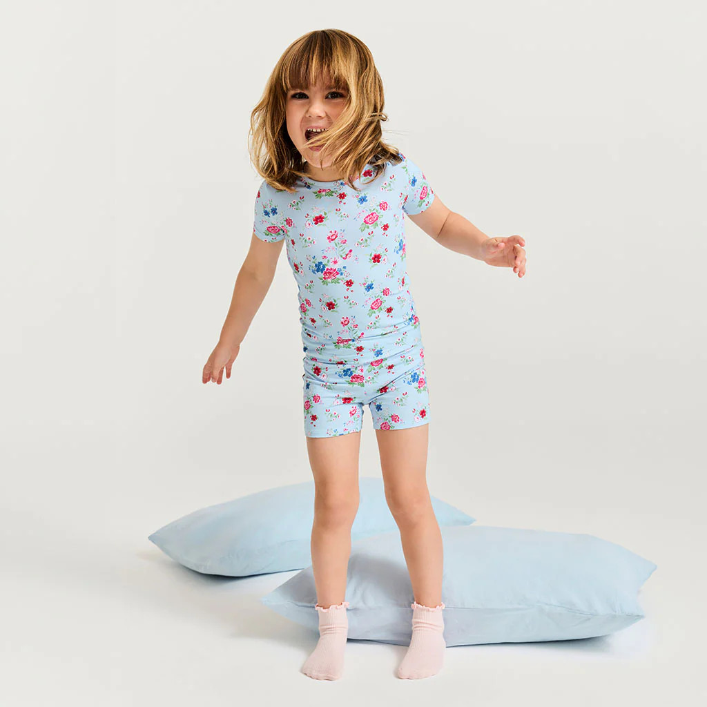Floral Blue Short Sleeve Jean Classic Pajama Short Set | Posh Peanut\u00ae | Posh Peanut