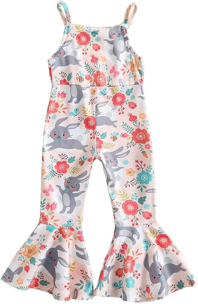 Easter Outfits for Toddler Baby Girls Bell Bottoms Romper Bunny Floral Jumpsuit Cute One Piece Fl... | Amazon (US)