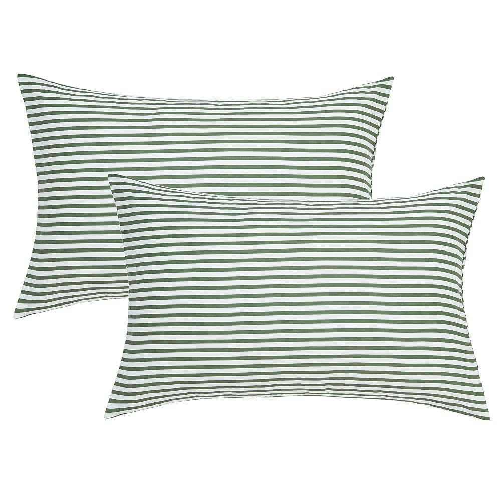 JELLYMONI 100% Natural Cotton Striped Pillowcases Set, 2 Pack White and Green Stripes Pattern Pri... | Amazon (CA)