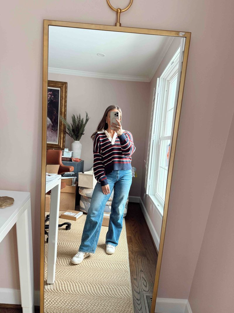 What I wore as a chaperone on my sons' field trip! These are the most comfortable jeans ever and such a fun rugby top! Both run TTS 

 #LTKSpringSale #LTKmomlife #LTKSaleAlert