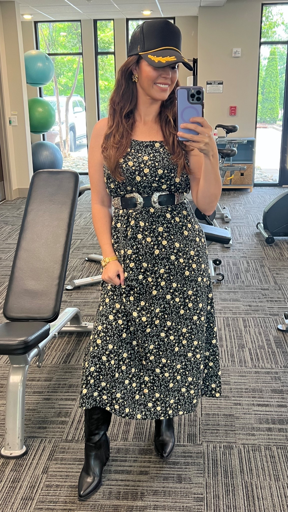 My #gymselfie for today! This entire fit reminds me of Sandra Bullock in Hope Floats (fav movie of mine)! 

I got the dress on What Not, jewelry is vintage Kirks Folly from What Not. I scored this watch for like $40 😳 

Boots, belt, and hat from Amazon! 

#western #bohowestern #truckerhat #millenialfashion #momfit #workoutfit 

#LTKOver40 #LTKSummerEdit #LTKFindsUnder50