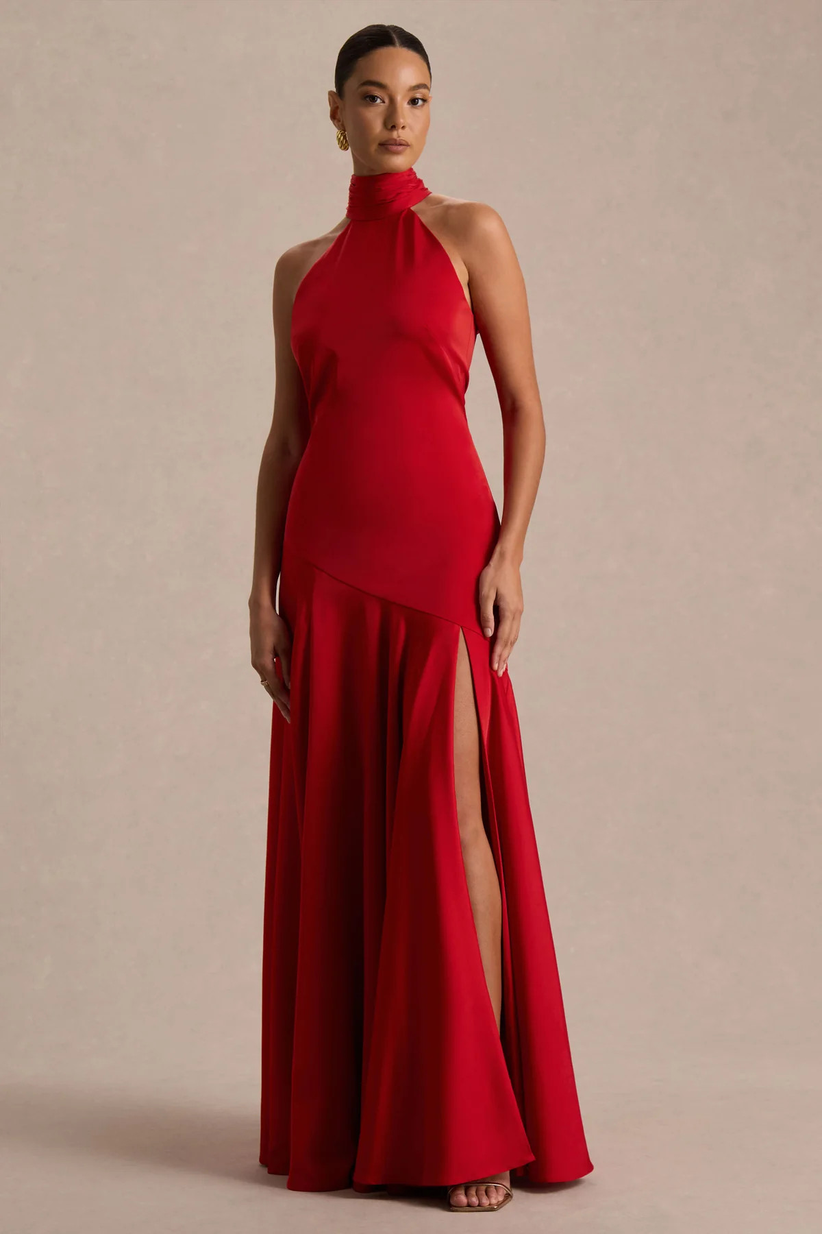 Luscious  Red High-Neck Maxi Dress With Drop-Waist And Bow Detail | Club L London