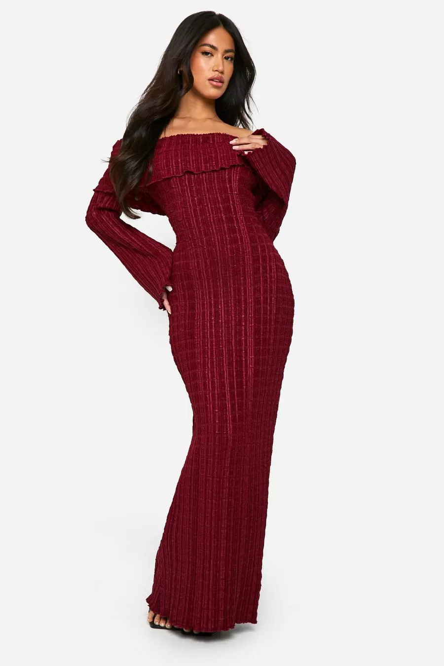 Textured Bardot Maxi Dress | Boohoo.com (UK & IE)