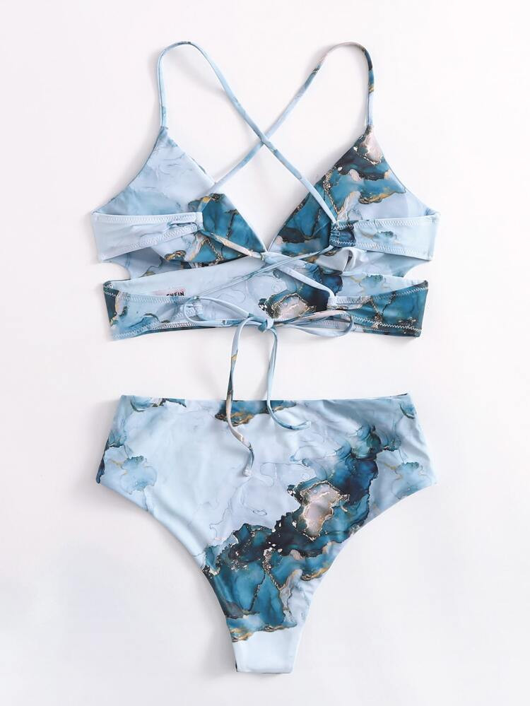 Marble Print High Waisted Bikini Swimsuit | SHEIN