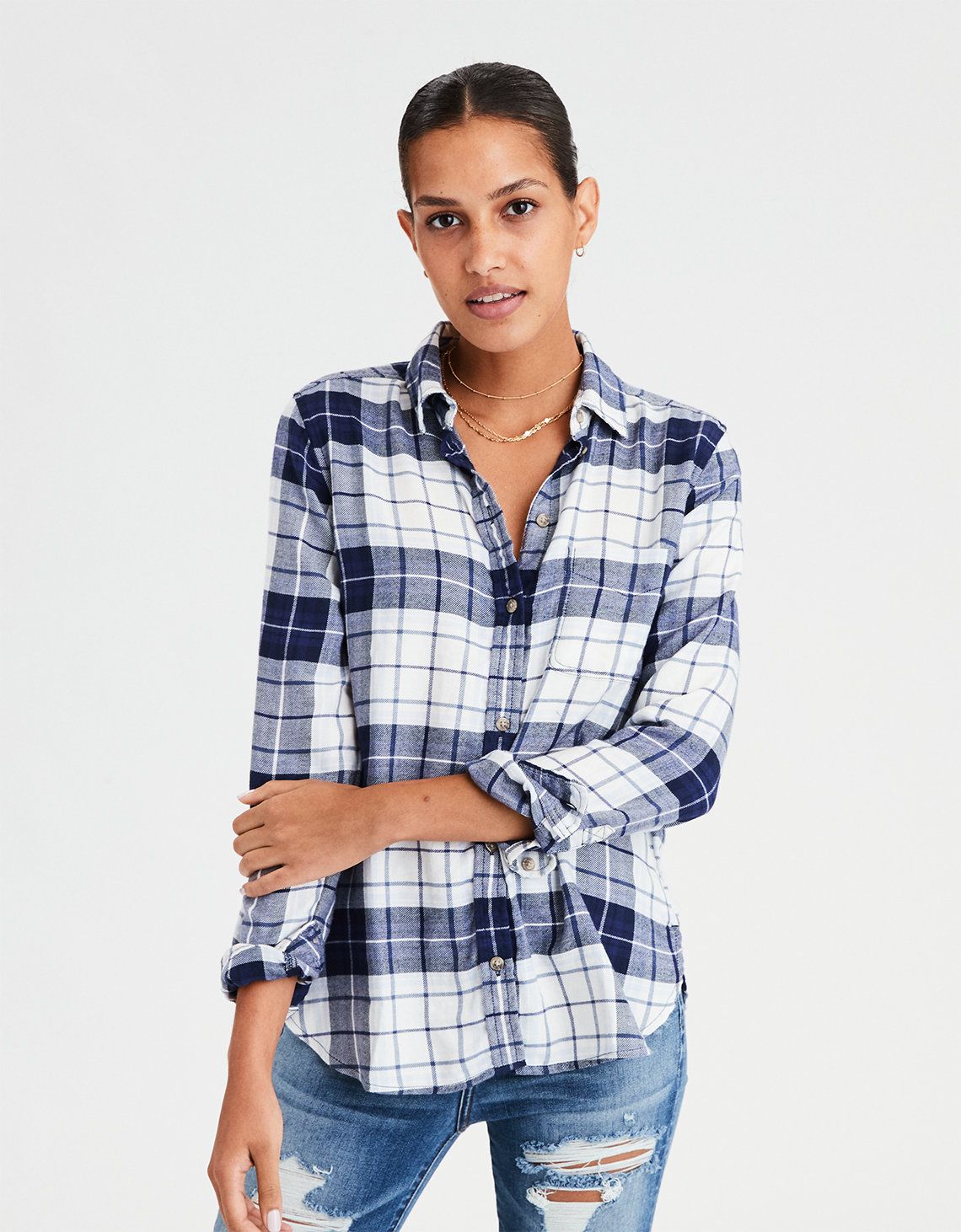 AE Ahhmazingly Soft Plaid Boyfriend Shirt, Blue | American Eagle Outfitters (US & CA)