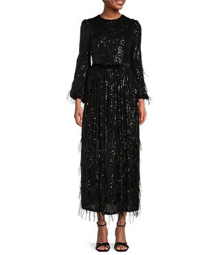 Antonio Melani x Nicola Bathie Nicola Sequin Crew Neck Long Sleeve Belted Feathered A-Line Midi D... | Dillard's